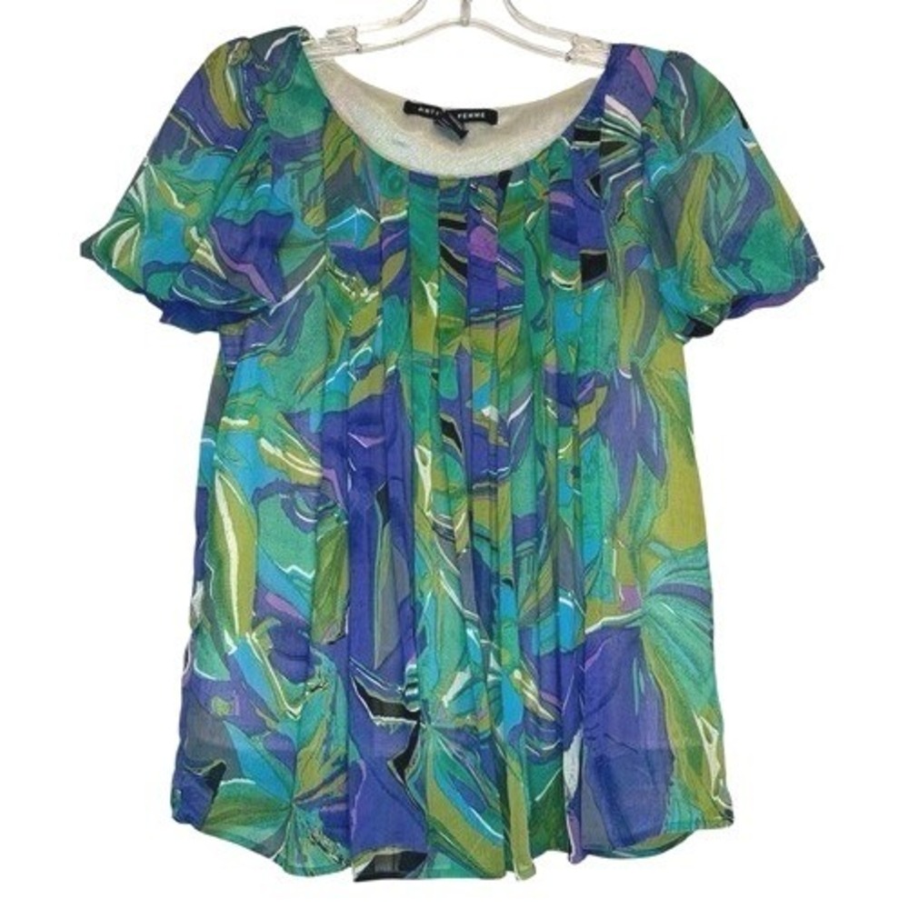 Antilia Femme Pleated Blouse Womens Blue Green Abstract Puff Sleeve Flowy Boho M
